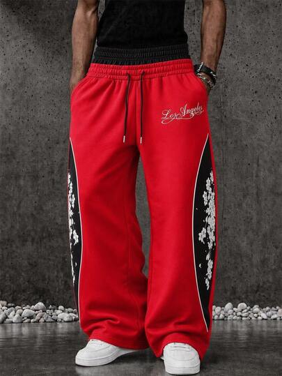 Pantaloni lunghi sportivi da uomo con stampa floreale script di fiori di ciliegio, blocchi di colore e doppia fascia in vita