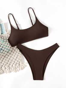 SHEIN Swim Solid Color Bikini Set For Beach Vacation - Coffee Brown - View 3