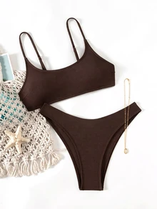 SHEIN Swim Solid Color Bikini Set For Beach Vacation - Coffee Brown - View 2
