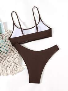 SHEIN Swim Solid Color Bikini Set For Beach Vacation - Coffee Brown - View 6