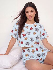 TOM & JERRY X SHEIN 女款卡通印花上衣與短褲睡衣套裝 - 藍色 - 查看 4