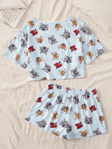 TOM & JERRY X SHEIN 女款卡通印花上衣與短褲睡衣套裝 - 藍色 - 查看 2
