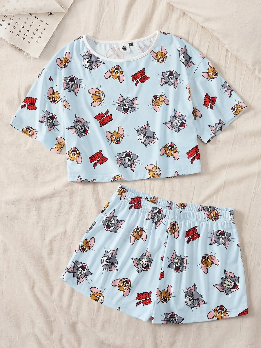 TOM & JERRY X SHEIN 女款卡通印花上衣與短褲睡衣套裝 - 藍色 - 查看 1