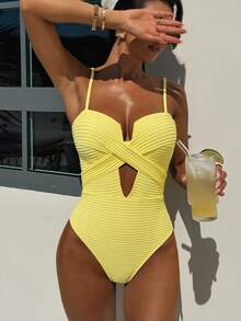 SHEIN Swim 女士纯色交叉设计连体泳衣，聚拢型，无钢圈 - 黃色 - 查看 2