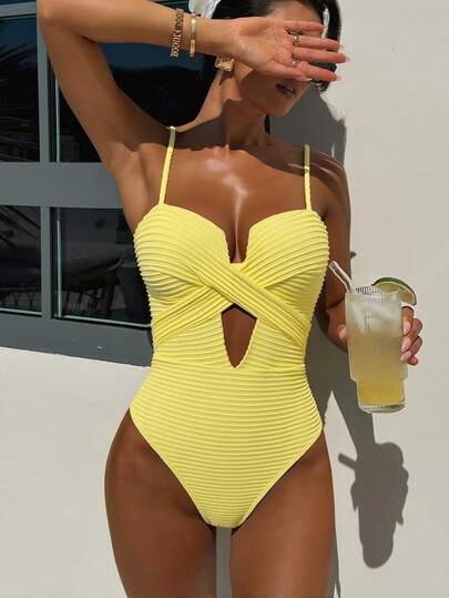Swim SXY 1pc Women's Solid Color Criss-Cross Design One-Piece Swimsuit, Push Up, Wireless