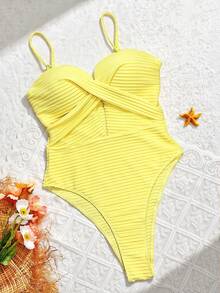 SHEIN Swim 女士纯色交叉设计连体泳衣，聚拢型，无钢圈 - 黃色 - 查看 6