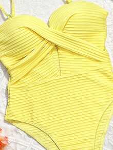 SHEIN Swim 女士纯色交叉设计连体泳衣，聚拢型，无钢圈 - 黃色 - 查看 5