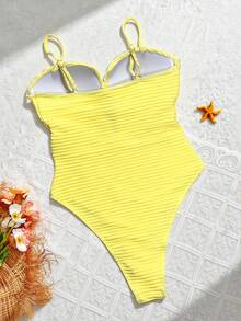 SHEIN Swim 女士纯色交叉设计连体泳衣，聚拢型，无钢圈 - 黃色 - 查看 3