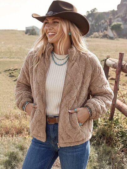 Wildy Bekväm vadderad vinterjacka för kvinnor i plysch med dragkedja och fickor, kamelfärgad, casual cowgirl-stil för vardag, vandring och utgångar