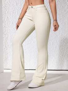 SHEIN ICON Women's Simple Solid Color Slim Fit Denim Jeans - Apricot - View 3