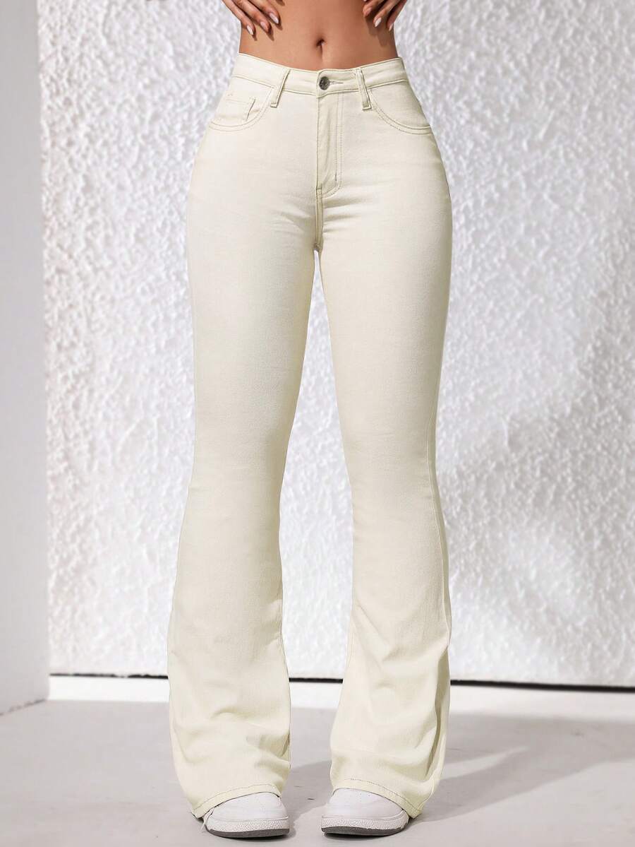 SHEIN ICON Women's Simple Solid Color Slim Fit Denim Jeans - Apricot - View 1