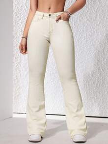 SHEIN ICON Women's Simple Solid Color Slim Fit Denim Jeans - Apricot - View 6
