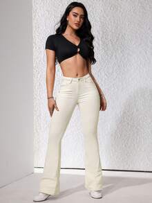 SHEIN ICON Women's Simple Solid Color Slim Fit Denim Jeans - Apricot - View 5