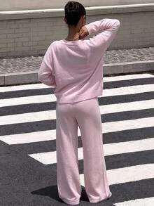 SHEIN Minimalist Soft Knit Top & Wide Leg Pants Two Pieces Set - Pink - View 2
