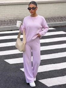 SHEIN Minimalist Soft Knit Top & Wide Leg Pants Two Pieces Set - Pink - View 5