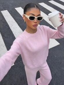SHEIN Minimalist Soft Knit Top & Wide Leg Pants Two Pieces Set - Pink - View 4