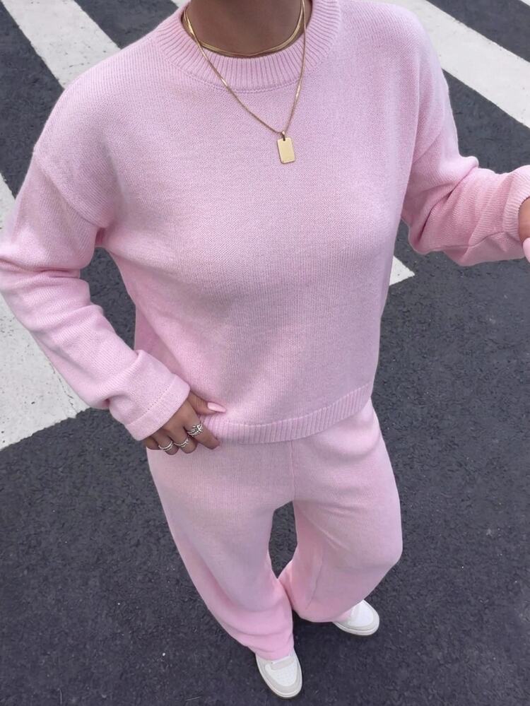 SHEIN Minimalist Soft Knit Top & Wide Leg Pants Two Pieces Set - Pink - View 3