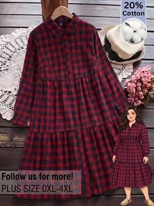 Rusticease Plus Size Plaid Lapel Long Sleeve Button Front Ruffle Trim Casual 80s 90s 70s Shirt Dress Autumn 2026 Beach Vacation Navy Blue Fall - Multicolor - View 12