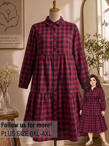 Rusticease Plus Size Plaid Lapel Long Sleeve Button Front Ruffle Trim Casual 80s 90s 70s Shirt Dress Autumn 2026 Beach Vacation Navy Blue Fall - Multicolor - View 9