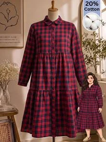 Rusticease Plus Size Plaid Lapel Long Sleeve Button Front Ruffle Trim Casual 80s 90s 70s Shirt Dress Autumn 2026 Beach Vacation Navy Blue Fall - Multicolor - View 13