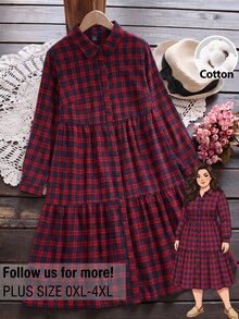 Rusticease Plus Size Plaid Lapel Long Sleeve Button Front Ruffle Trim Casual 80s 90s 70s Shirt Dress Autumn 2026 Beach Vacation Navy Blue Fall - Multicolor - View 1