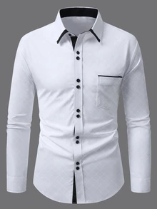 Manfinity Mode Men's Plaid Single-Breasted Casual Pocket Long Sleeve Shirt - White - View 3