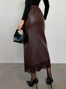 Firerie Women's Solid Color Contrast Lace PU Leather Elegant Skirt - Brown - View 2