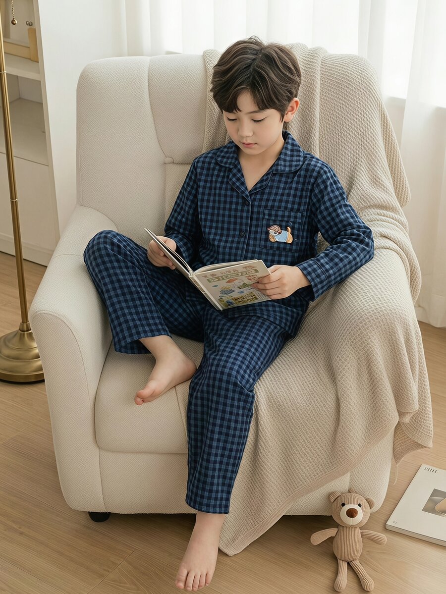 Boys' Cute Navy Black Plaid Open Front Chest Pocket Embroidered Puppy Pattern Long Sleeve Top Pants Loungewear 2 Pieces Set Night Navy Blue Autumn - Blue - View 1