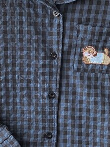 Boys' Cute Navy Black Plaid Open Front Chest Pocket Embroidered Puppy Pattern Long Sleeve Top Pants Loungewear 2 Pieces Set Night Navy Blue Autumn - Blue - View 7