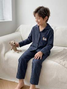 Boys' Cute Navy Black Plaid Open Front Chest Pocket Embroidered Puppy Pattern Long Sleeve Top Pants Loungewear 2 Pieces Set Night Navy Blue Autumn - Blue - View 3