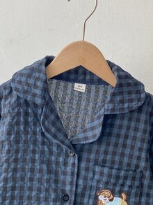 Boys' Cute Navy Black Plaid Open Front Chest Pocket Embroidered Puppy Pattern Long Sleeve Top Pants Loungewear 2 Pieces Set Night Navy Blue Autumn - Blue - View 5
