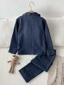 Boys' Cute Navy Black Plaid Open Front Chest Pocket Embroidered Puppy Pattern Long Sleeve Top Pants Loungewear 2 Pieces Set Night Navy Blue Autumn - Blue - View 2