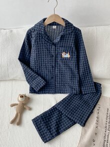 Boys' Cute Navy Black Plaid Open Front Chest Pocket Embroidered Puppy Pattern Long Sleeve Top Pants Loungewear 2 Pieces Set Night Navy Blue Autumn - Blue - View 4