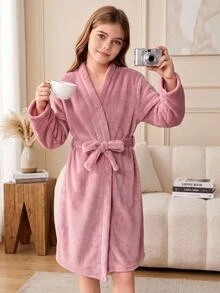 SHEIN Tween Girl Autumn/Winter Plush Coral Thermal Open Front Tie-Up Bow Robe, Thermal Lined Thickened Loose Fit, Dusty Pink - Dusty Pink - View 6