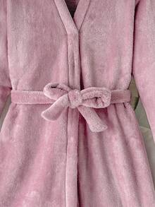SHEIN Tween Girl Autumn/Winter Plush Coral Thermal Open Front Tie-Up Bow Robe, Thermal Lined Thickened Loose Fit, Dusty Pink - Dusty Pink - View 7