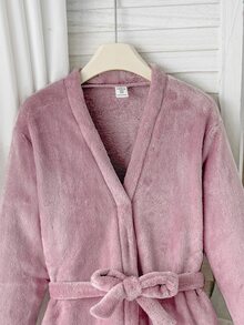 SHEIN Tween Girl Autumn/Winter Plush Coral Thermal Open Front Tie-Up Bow Robe, Thermal Lined Thickened Loose Fit, Dusty Pink - Dusty Pink - View 5