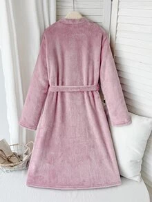 SHEIN Tween Girl Autumn/Winter Plush Coral Thermal Open Front Tie-Up Bow Robe, Thermal Lined Thickened Loose Fit, Dusty Pink - Dusty Pink - View 2