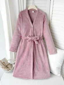 SHEIN Tween Girl Autumn/Winter Plush Coral Thermal Open Front Tie-Up Bow Robe, Thermal Lined Thickened Loose Fit, Dusty Pink - Dusty Pink - View 3