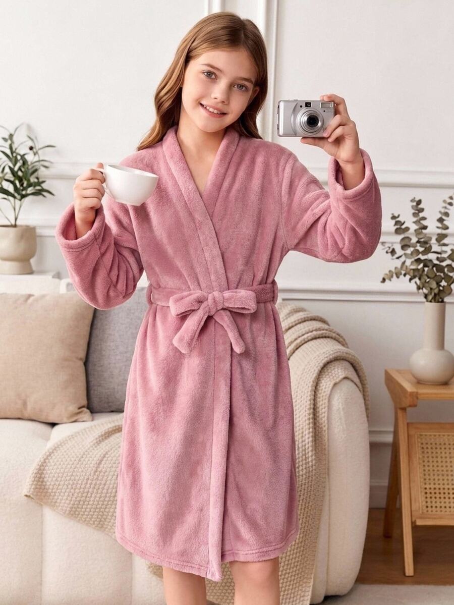 SHEIN Tween Girl Autumn/Winter Plush Coral Thermal Open Front Tie-Up Bow Robe, Thermal Lined Thickened Loose Fit, Dusty Pink - Dusty Pink - View 1
