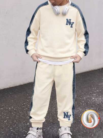 Tween Boys' Sports Casual English Letter Print Crew Neck Long Sleeve Sweatshirt And Pants Set, Thermal Lined, Autumn/Winter