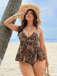 Swim Lushoire Plus Size Women Cashew Print Spaghetti Strap Tankini Swimwear Set For Beach Vacation - Brown - View 1