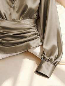 Franclia Women's Solid Color Pleated Button Elegant Fitted Long Sleeve Blouse - Mocha Brown - View 4