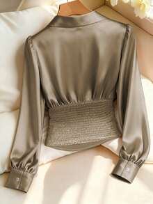Franclia Women's Solid Color Pleated Button Elegant Fitted Long Sleeve Blouse - Mocha Brown - View 2