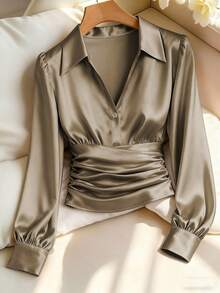 Franclia Women's Solid Color Pleated Button Elegant Fitted Long Sleeve Blouse - Mocha Brown - View 1