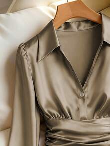Franclia Women's Solid Color Pleated Button Elegant Fitted Long Sleeve Blouse - Mocha Brown - View 3