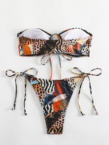 Swim Vcay 2 件套斑马条纹印花性感露肩前系带比基尼套装女士海滩度假 2025 年夏季 - 彩色 - 查看 3