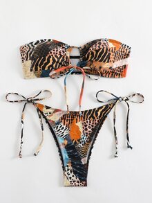 Swim Vcay 2 件套斑马条纹印花性感露肩前系带比基尼套装女士海滩度假 2025 年夏季 - 彩色 - 查看 4