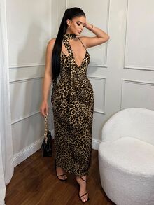 SHEIN SXY 女式性感修身豹纹细肩带露背连衣裙 - 彩色 - 查看 8