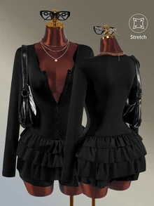 Amplova Solid Color Ruffle Trim Fitted Athletic Romper - Black - View 1