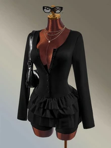 Amplova Solid Color Ruffle Trim Fitted Athletic Romper - Black - View 3